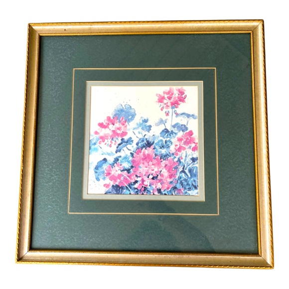 Pink Geraniums Framed Wall Art Green Mat Gold Frame Watercolor Shipman Geranium